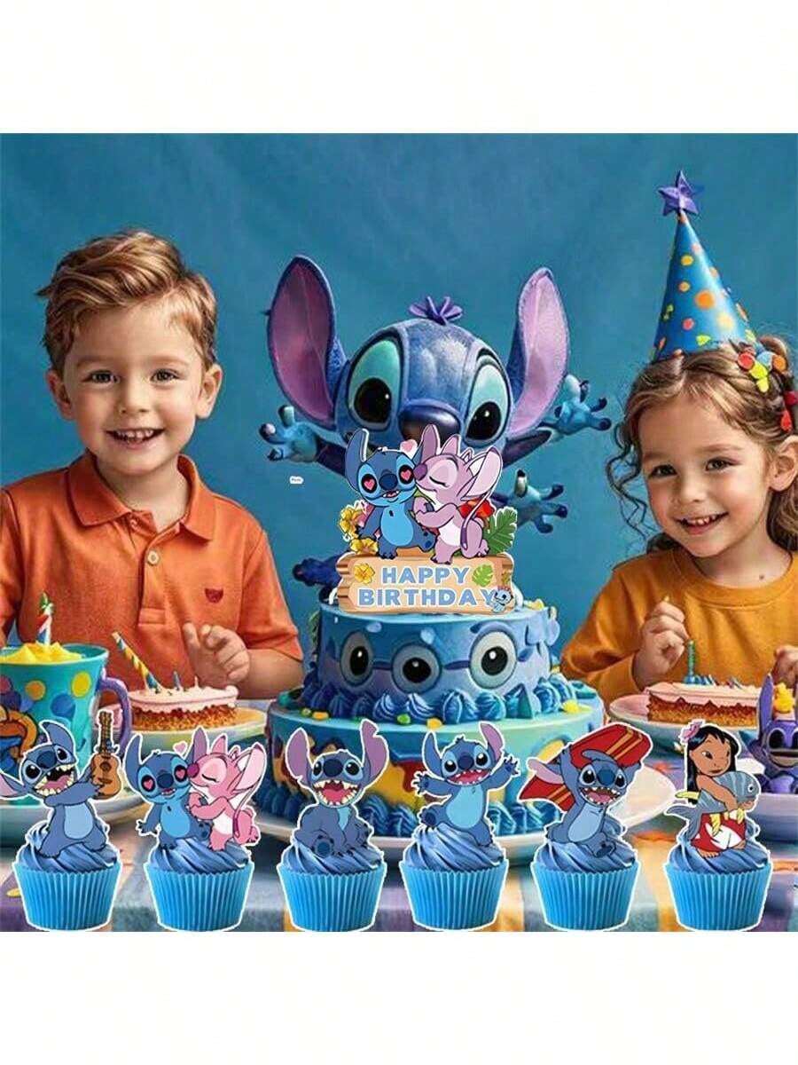 Disney 25个蓝色史迪奇主题生日派对蛋糕装饰插牌，家庭生日派对装饰，圣诞蛋糕装饰 - 彩色 - 查看 1