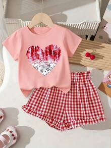 2pcs Girls Casual Shiny Heart Print Outfit With Plaid Shorts, Comfortable & Fashionable Daily Wear - Pink - View 1