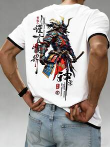 Men's Samurai Graphic Print Round Neck Short Sleeve Casual T-Shirt - White - View 1
