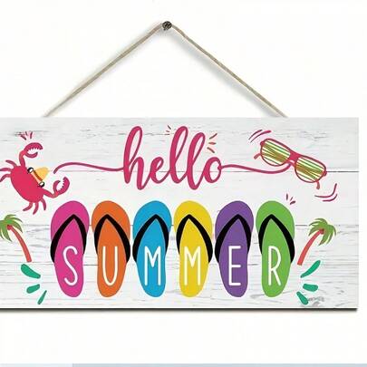 Colorful Pattern Designed "Hello Summer" 2D Flat Wooden Sign - Farmhouse Style Welcome Decor For Home And Summer Use, Rectangular Hanging Door Plaque, Summer Decoration