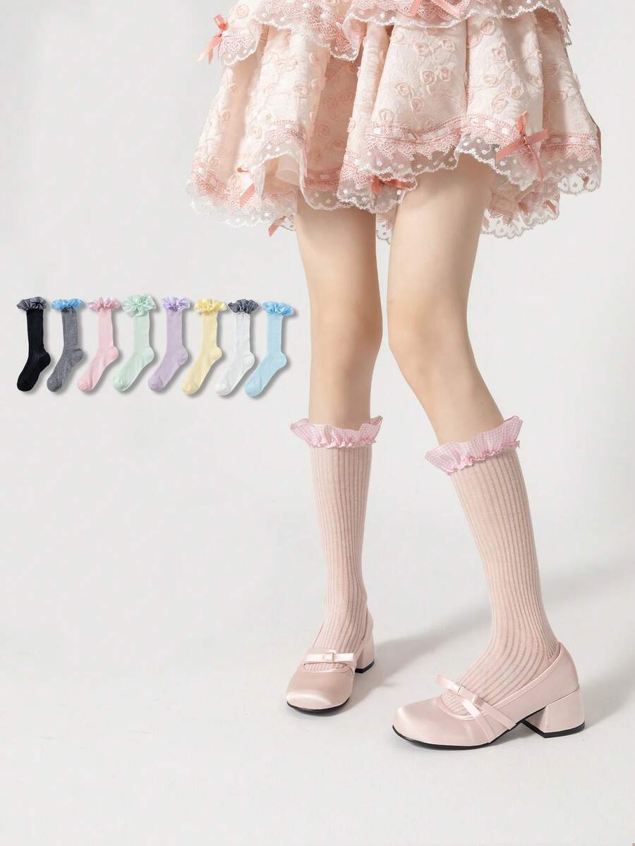 1 đôi tất nữ mỏng, thoáng khí, chất liệu lưới, kiểu Lolita Dopamine, họa tiết kẻ caro và ren, dài đến bắp chân, thích hợp cho mùa xuân/hè. - Nhiều màu - Xem 1