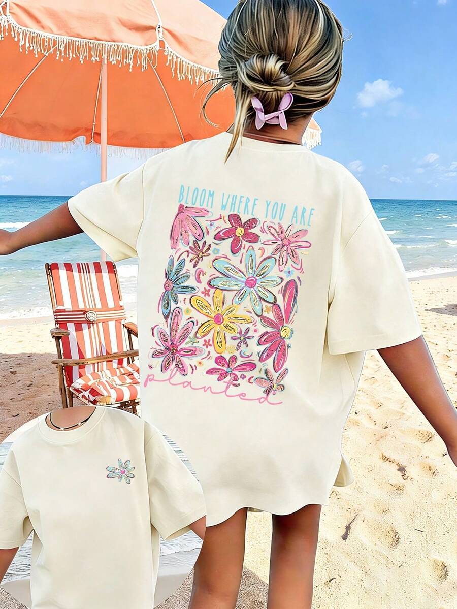 Tween Girls' Printed Short Sleeve T-Shirt, Comfortable & Fashionable Summer Top For Young Students - Apricot - View 1