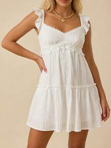 Women's Lace Trim Square Neck Ruffle Sleeve Smocked Back Tiered Mini Dress Summer Beach Vacation Casual Dress - 白色 - 查看 2