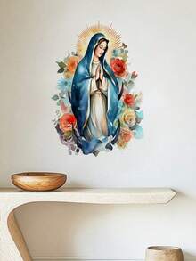 1pc Guadalupe Virgin Mary Statue Wall Sticker, Moon & Flower Decal, Prayer To Virgin Mary, Suitable For Children's Room, Bedroom, Living Room, Office, Home Decor - D - View 7
