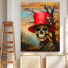 Pintura profesional para adultos con números - Con una calavera con un sombrero de copa rojo rodeada de rosas, juego de lienzo de 16X20 pulgadas, viene con pinturas acrílicas y pinceles, perfecto para decoración del hogar, Halloween, cumpleaños y días festivos - Enmarcado - Ver 5