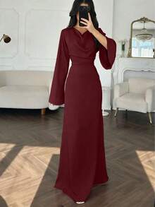Women's Elegant Solid Navy Blue Silky Satin Cowl Neck Long Sleeve Flared Batwing Sleeve Cinched Waist Bodycon Fitted Maxi Dress, Old Money Aesthetic French Vintage Formal Evening Gown For Wedding Guest Date Night Prom Cocktail Party Office Commute Streetwear Photography Plus Size - 酒紅色 - 查看 2