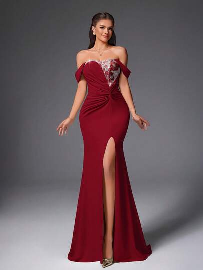 VIPGIRL Vestido de tubo con hombros descubiertos y lentejuelas verde menta para mujer con abertura alta, vestido de gala elegante, vestido de fiesta largo, vestido de invitada de boda, vestido de noche glamoroso, vestido ajustado sexy, vestido de fiesta sirena, vestidos formales para mujer