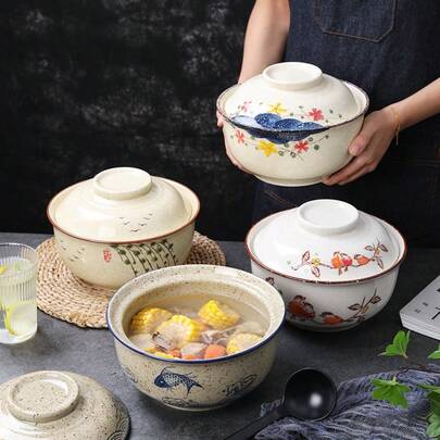 1pc 6.5/8.5in Ceramic Bowl Set With Lid, Japanese Style Ramen/Rice/Pasta/Soup Bowl, Microwave & Dishwasher , Suitable For Home, Restaurant, Party, Great Gift For Father's Day, Mother's Day, Easter