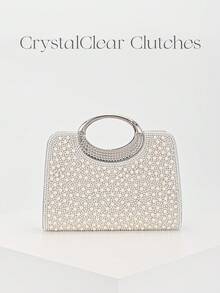 优雅/珍珠图案设计盒形手拿包，晚宴包，浪漫婚礼手提包，迷人/精致晚礼服包，闪亮杏色盒形包，带金属链手提包，节日理想礼物 - 白色 - 查看 7