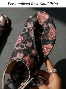 Women's Halloween Skull Rose Print Hook And Loop Design Flat Sandals, European & Middle Eastern Fashion, Casual, Retro Style, Lightweight For Summer, Suitable For Vacation, Home, Office - 彩色 - 查看 4