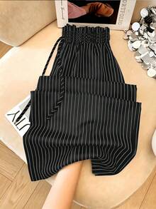 Pantalones de cintura de papel con lazo y rayas elegantes y casuales para mujer, adecuados para primavera, verano y otoño, color negro - Negro - Ver 3