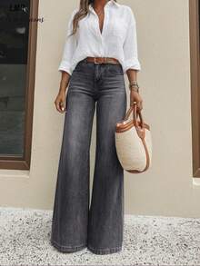 Light Blue Washed Flare Wide Leg Jeans, Relaxed Fit Suitable For Daily Commute Casual - Grey - View 4