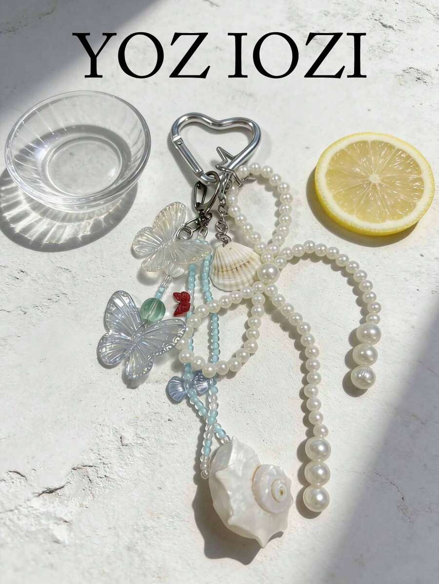 Butterfly Shell Pearl Beaded Pendant, Heart-Shaped Clasp Bag Charm, Gentle Atmosphere Accessory, Shell Conch Pendant, Fashion Beaded Bag Charm Keychain Beach Accessories Key Chain Charms Beach Accessories Festival Graduation Teacher Appreciation Gifts Birthday Gift Mother Gifts Mothers Day Gift - Multicolor - View 1