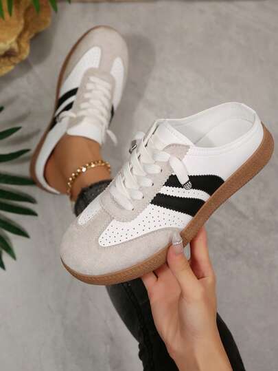 Women's 2026 Summer New Retro Mule Slippers, Breathable Soft Bottom Slip-On Slouchy Shoes, Korean Color Block Striped Mule Flats, Casual Backless Loafers