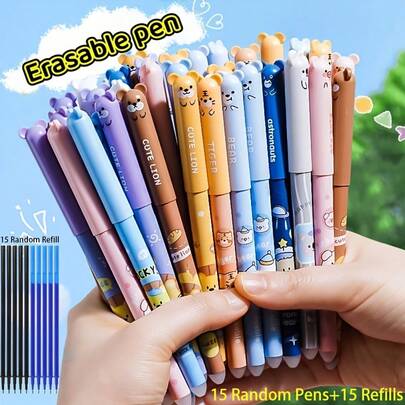 Bộ 30 chiếc (15 bút + 15 ruột bút) Bút bi họa tiết hoạt hình, ngòi mảnh 0.5mm, mực khô nhanh, có thể tẩy, mực xanh/đen, tẩy tích hợp, cầm nắm thoải mái, thích hợp cho vẽ, viết, phác thảo, sử dụng ở trường học và văn phòng, đồ dùng học tập.