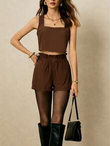 Bộ đồ nữ gồm áo tank top màu nâu và quần short đa năng, thích hợp mặc hàng ngày. - màu nâu - Xem 3