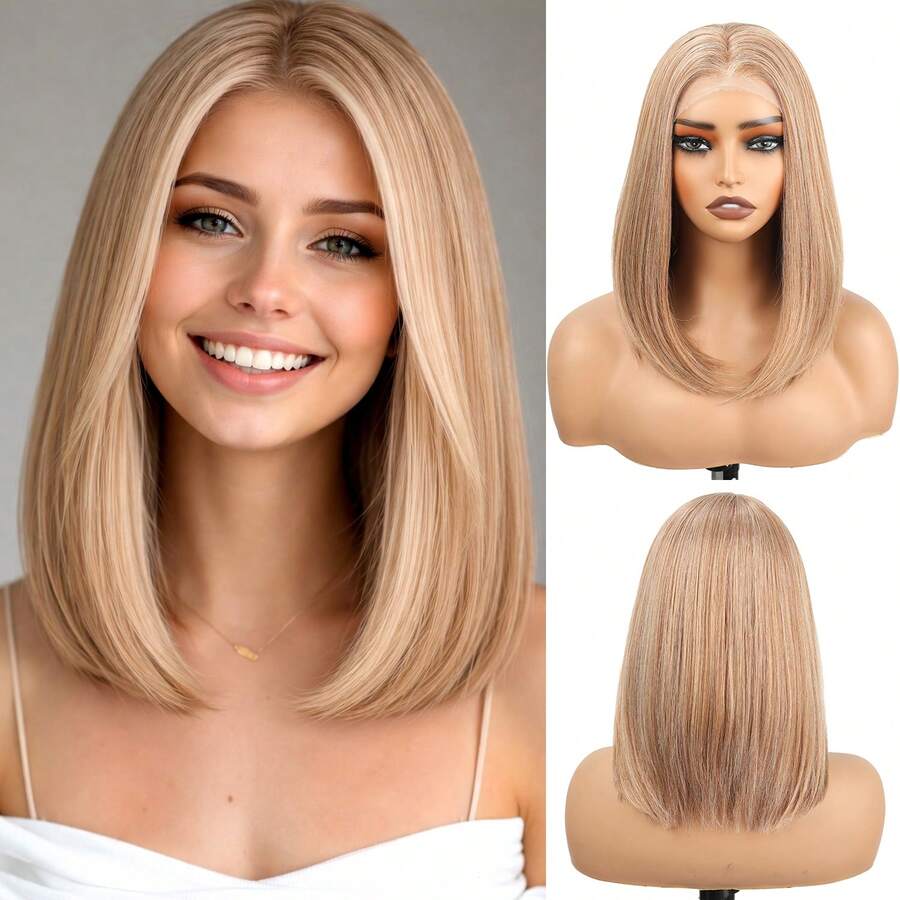Tóc giả bob bồng bềnh màu vàng mật ong 14 inch, tóc giả ren phía trước 13x4 độ nét cao, tóc giả tổng hợp liền mạch không cần keo, phù hợp cho sử dụng hàng ngày và các bữa tiệc.