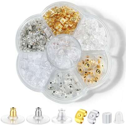 1 Set de tapones de repuesto para pendientes, kit de tapones de plástico transparente, metal, goma y silicona, adecuado para pendientes de gancho de pescado y pendientes, se puede comprar individualmente en paquetes de 50-100 piezas