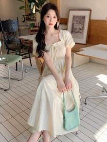 Square Neckline Cinching Waist A-Line Dress,Milkmaid Dress Sundress,Casual Women Dresses Maxi Dress - Màu be - Xem 3