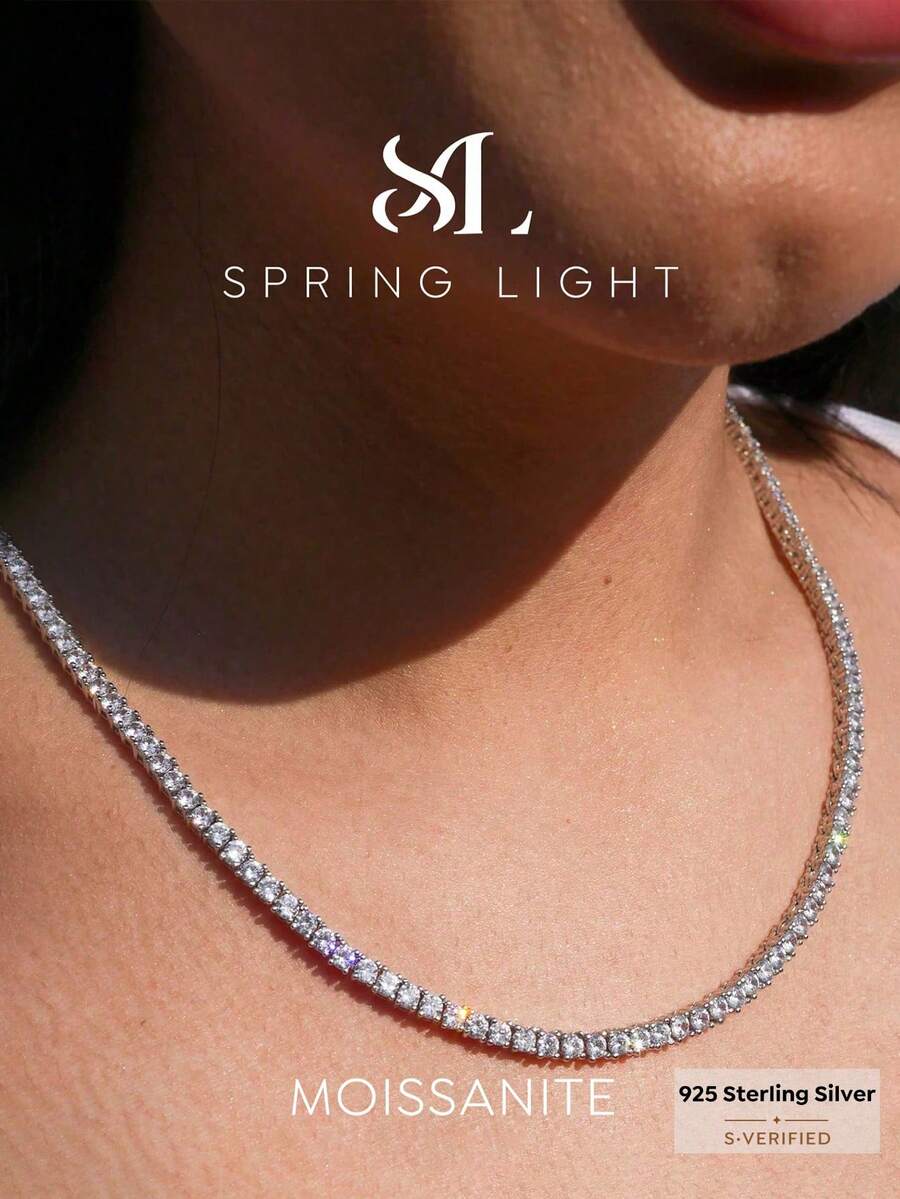 1pc 3mm Top Grade Hip Hop 4-Prong Moissanite Diamond Tennis Chain Necklace, Adjustable Choker Necklace (S925 Sterling Silver), Sparkling Brilliance, Luxury High-End, Exquisite Elegant, Women Jewelry Gift - Four-claw Diamond Tennis Necklace - View 1