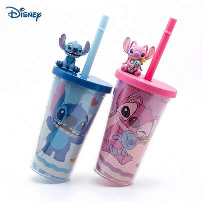 Disney 1 tasse en paille de dessin animé à point, 450 ml, en plastique, à double paroi anti-brûlure, avec couvercle, convient aux couples, aux déplacements au bureau et aux boissons froides.