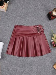 Y2K风格迷你裙，女士PU皮A字荷叶边下摆双扣腰带金属装饰百褶裙，隐形拉链，休闲日常舒适，适合音乐节、乡村音乐会、派对等场合。 - 酒紅色 - 查看 8