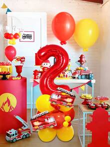 23pcs Fire Truck & Number Balloon Set, Includes Mini Fire Truck Balloon, 32-Inch Red Number Balloons, Yellow & Red Latex Balloons, Suitable For Birthday Party Decoration, 0-9 Years Old Birthday Party, Firefighter Theme Party, Rescue Theme Decor - Multicolor - View 5