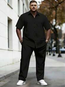Plus-Size Men's Clothing, Summer Solid Color Casual Sportswear Two-Piece Set, Men's Plus-Size Shirt Set - 黑色 - 查看 2