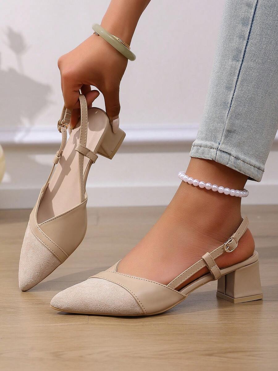 1 đôi sandal cao gót cho tuổi teen, khóa cài, mũi nhọn, phối màu be, đa năng và chống bẩn, phù hợp cho tiệc tùng, tụ họp, mua sắm. - Màu be - Xem 1