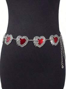 1pc Red Heart Print Vintage Gold-Color Metal Chain Belt, Suitable Halloween, Weddings, Holidays And Daily Wear Valentine's Day Summer School Fall, Autumn, Halloween - Bạc cổ - Xem 8