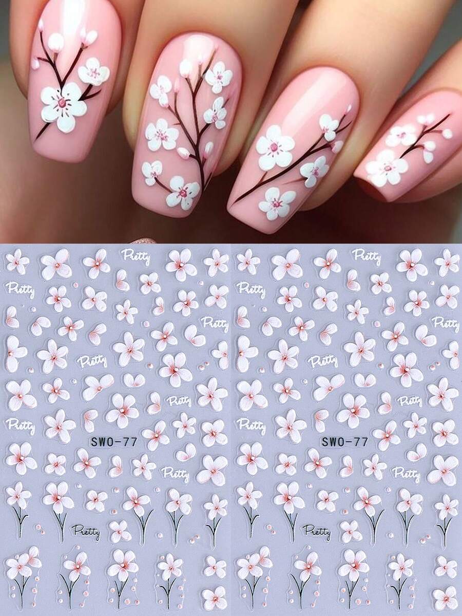 SWEET TREND 5D樱花美甲贴纸2片装,渐变绽放的白色粉色樱花花瓣,日韩春夏花卉印花,DIY时尚浪漫婚礼自粘凝胶指甲油贴纸,滑动式美甲装饰 - 彩色 - 查看 1