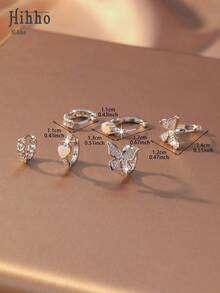 Hihho 6pcs/Set Luxury Cubic Zirconia Earring Set, Featuring Butterfly, Rhinestone Bow, Geometric Patchwork Designs, Minimalist Silhouette With Sparkling Details, Versatile For Commute, Work, And Light Social Occasions - Silver - View 7