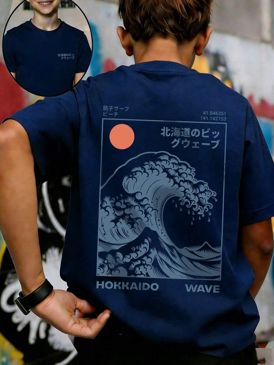 Kaos Lengan Pendek Leher Bulat Bermotif Kasual untuk Anak Laki-Laki Usia Remaja, Atasan Musim Panas - Navy Blue - View 1