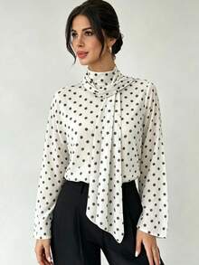 1pc Apricot Stand Collar Polka Dot Print Bow Tie Long Sleeve Women's Fashion Solid Color Polyester Chiffon Fabric Ruffle Long Sleeve Suitable For Commuting Elegant Casual Vacation Date Spring Summer Women's Blouse - Apricot - View 6