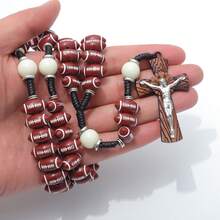 1pc Premium Sports Rugby Hip Hop Acrylic Beaded Long Necklace With Cross Pendant, Cool For Baptism - Coffee - View 3