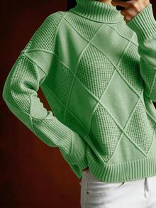 Plus Size Solid Color Turtleneck Long Sleeve Sweater, Autumn/Winter - Mint Green - View 3