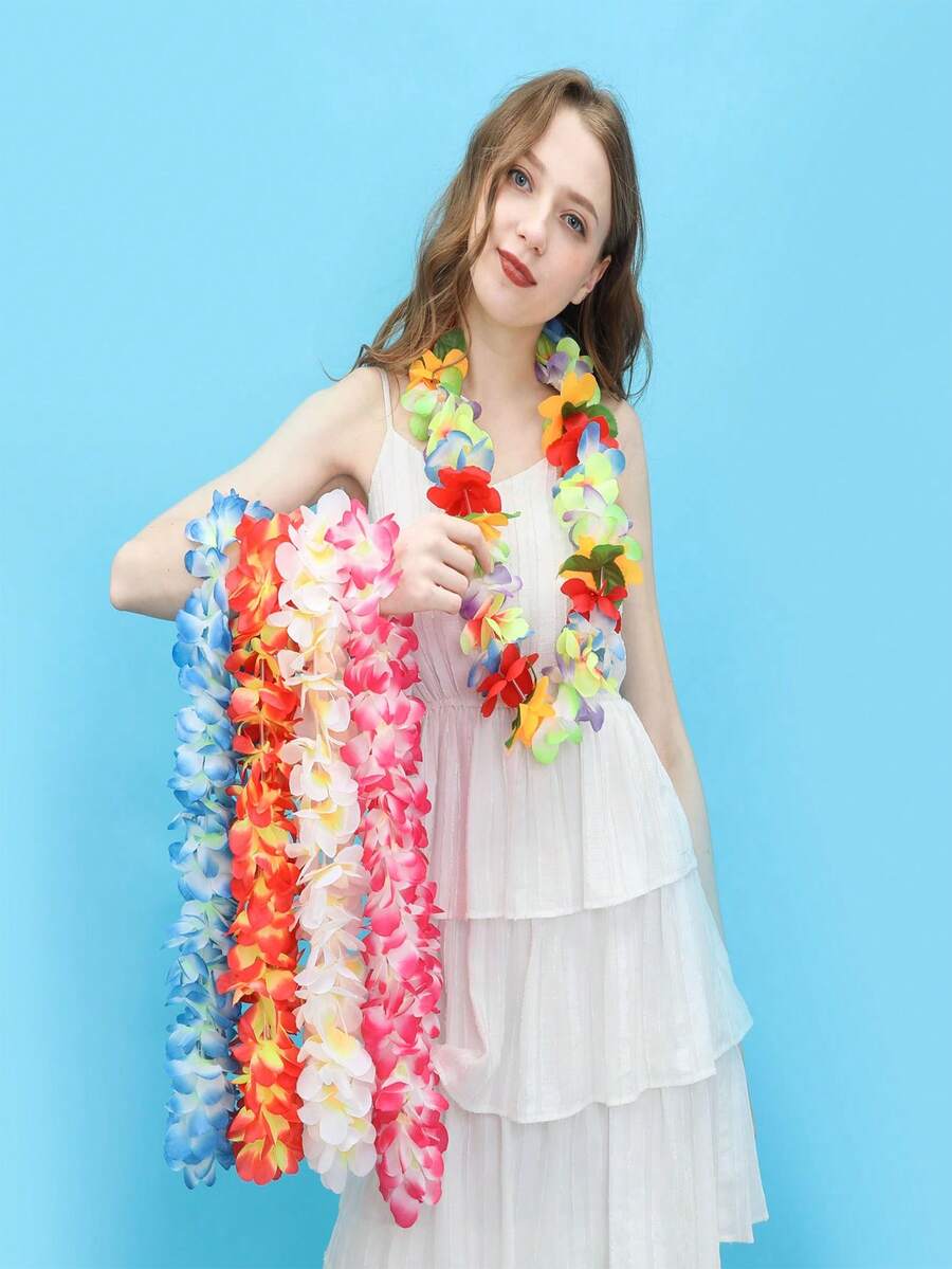 1/5/10pcs Hawaiian Flower Leis Necklace, Tropical Hawaiian Silk Flower Wreath For Party, Birthday, Summer Beach, Wedding, Christmas Gift