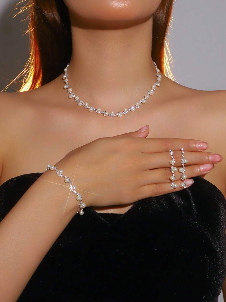 4pcs Elegant Rhinestone & Faux Pearl Jewelry Set - Includes Necklace, Earrings, Bracelet, Suitable For Bride, Wedding, Party - White - View 1