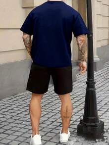 Set Of 2pcs Including A White T-Shirt Featuring A Black And Golden '23' Print, Paired With Black Shorts That Have Golden '23' Accents And A White Drawstring. Made From Soft, This Casual Loungewear Is Perfect For Everyday Use And A Relaxed Look Men 2 Piece Set Mens Clothes Mens 2 Piece Outfits - 黑色 - 查看 10