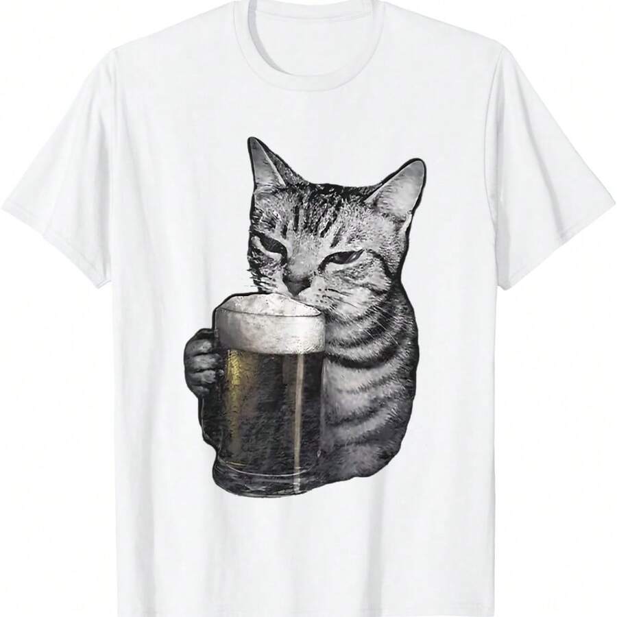 Cheers With The Cat Shirt Cat Drinking Beer T-Shirt - White - View 1