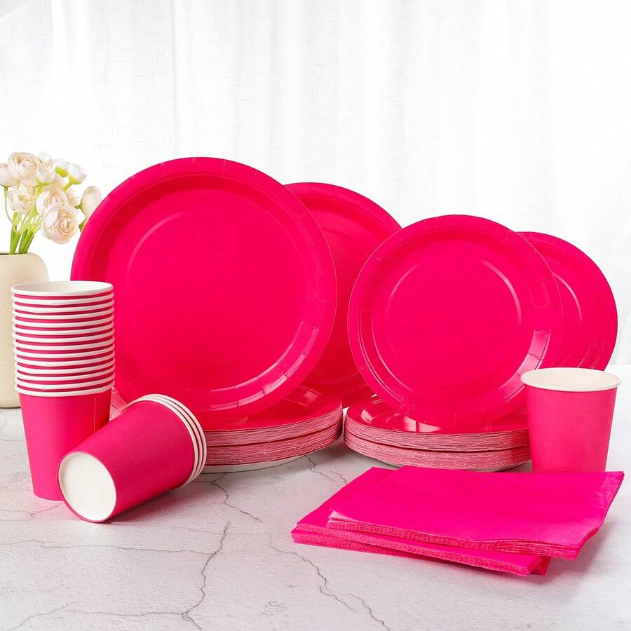 Bộ đồ dùng ăn uống bằng giấy dùng một lần màu đỏ hồng, bao gồm đĩa ăn tối 9 inch, đĩa tráng miệng 7 inch, cốc giấy và khăn ăn, có nhiều số lượng khác nhau, thích hợp cho đám cưới, tiệc sinh nhật, tiệc cô dâu và các bữa tiệc dùng một lần khác. - Hồng đỏ - Xem 1