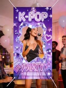 1 件装 K-POP 霓虹发光派对拍照背景布，赛博朋克风格涤纶面料拍照横幅，带心形边框、星星和音符图案，可重复使用、可水洗，适用于 K-POP 主题生日派对、演唱会观影派对、青少年生日庆祝、春夏摄影及活动装饰 - 霓虹 - 查看 7