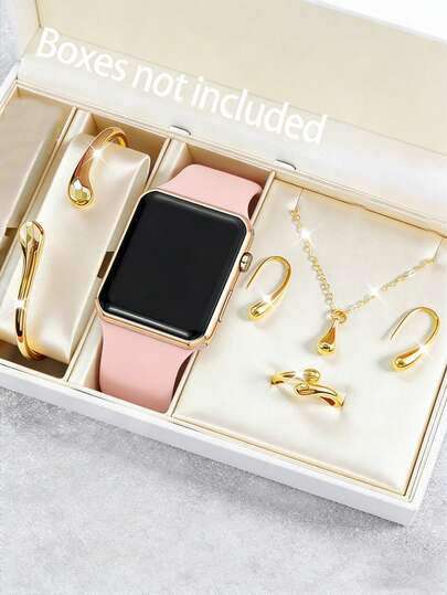 6件套时尚粉色女童电子手表套装，配金色水滴形吊坠，塑料表壳，适合日常、节日、派对佩戴，可作为礼物送给她（不含礼盒）