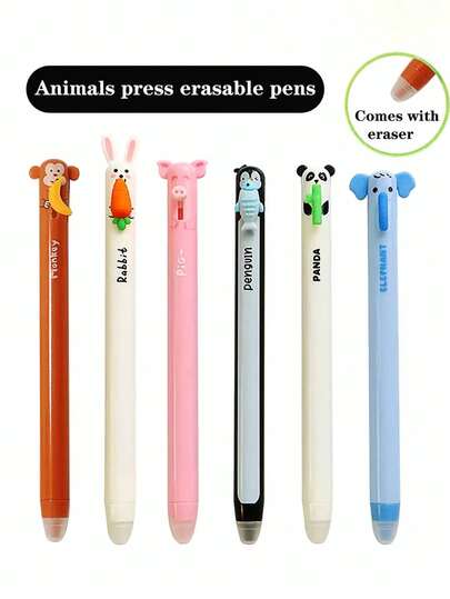6支动物造型可擦凝胶笔套装，0.5mm细笔尖，蓝色墨水，内置橡皮擦，非常适合记笔记和书写，是办公室、学校、生日、圣诞节、情人节、新年和复活节礼物的完美之选！