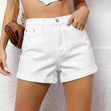 Womens High Waisted Denim Shorts Casual Rolled Hem Jean Shorts Classic 5 Pockets Stretchy Summer Hot Pants Comfy Shorts - 白色 - 查看 3