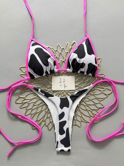 Women's Summer Beach Cow Print Halter Tie Sexy Bikini And Triangle Panty Swimwear Set Vacation