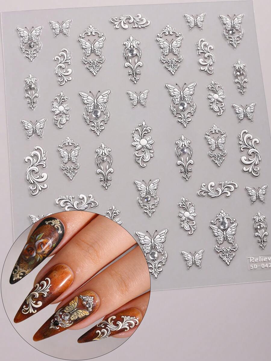 1 pieza Pegatinas de uñas de 5D con lazo negro, calado y cristales para primavera/verano, decoración de uñas exquisita y lujosa para manualidades en casa de damas - Multicolor - Ver 1