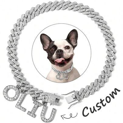 Collar para mascotas de 14 mm de ancho con eslabón cubano en forma de rombo, incrustado con brillantes rhinestones, con colgante con letra, accesorio de collar de estilo hip hop para gatos y perros pequeños/medianos/grandes