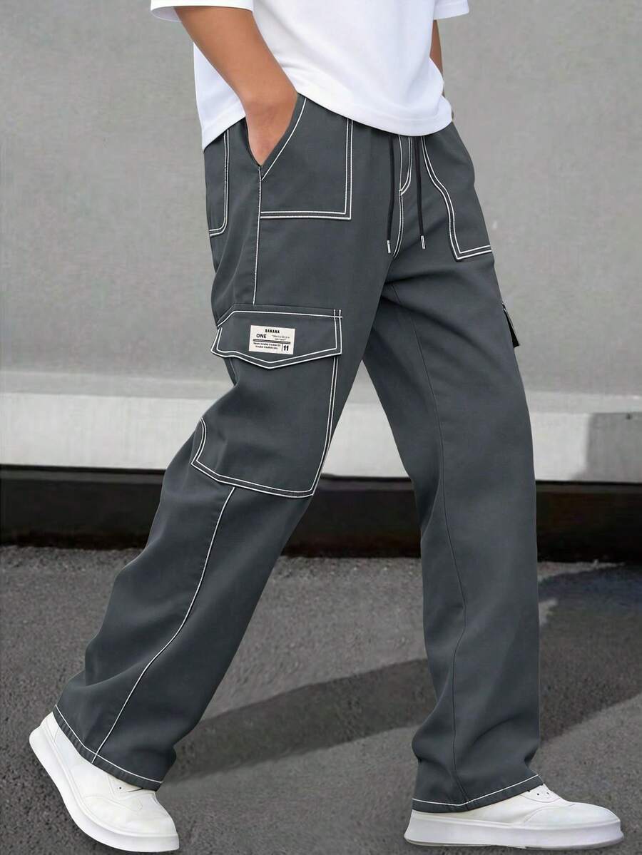 春秋款純色多口袋直筒工裝褲,男士寬鬆戶外通勤運動休閒長褲 - 深灰色 - 查看 1