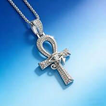 1pcsEgyptian Ankh Necklace, Micro Paved CZ Eye Of Horus Pendant, Gold Tone Stainless Steel Chain, Ancient Egypt Symbol Jewelry Daily Wear Party - 銀色 - 查看 3